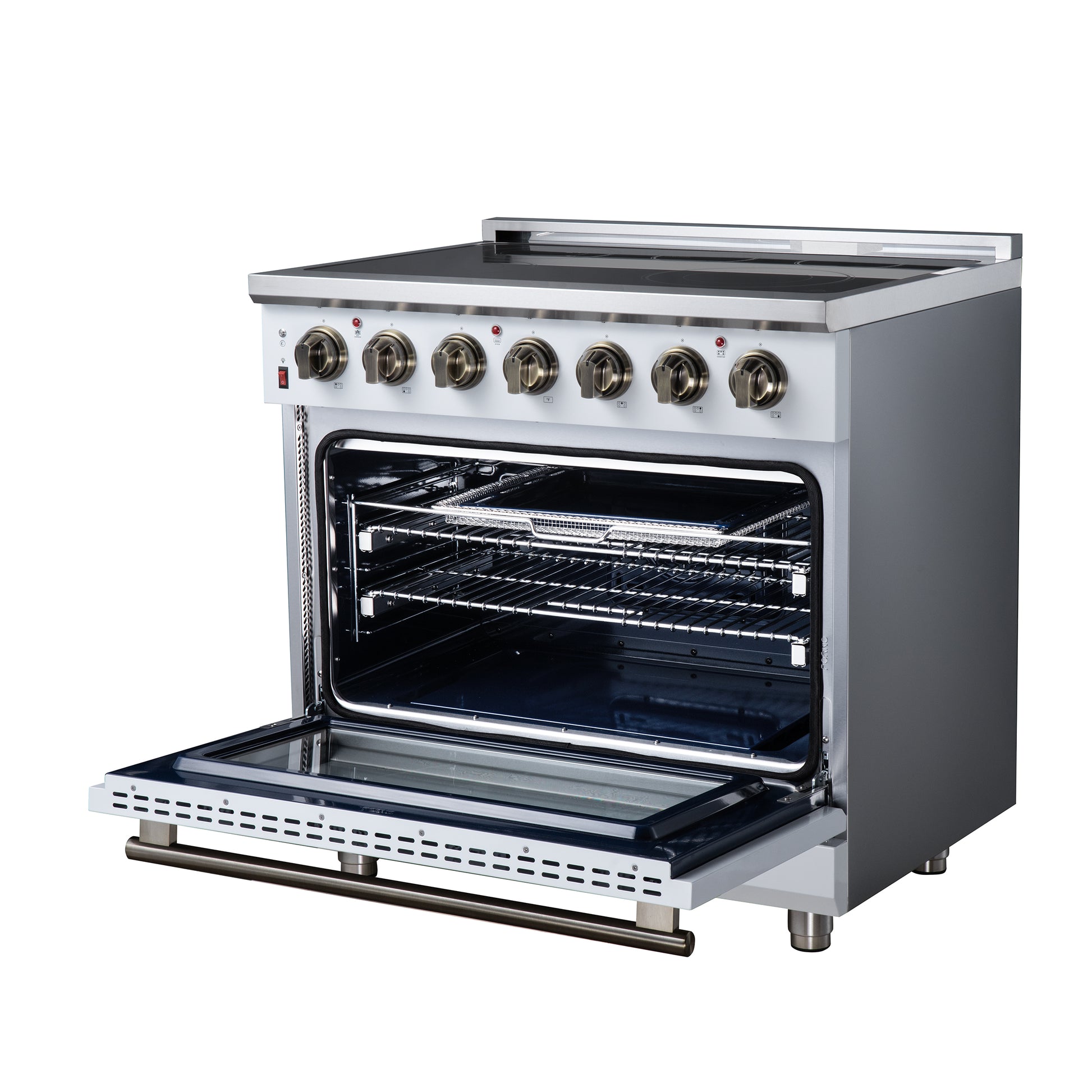Massimo 36 Inch Freestanding Electric range, 5 radiant burners, 5.36 cf. True Convection oven, Air fryer kit, White - Forno Appliances
