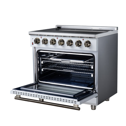 Massimo 36 Inch Freestanding Electric range, 5 radiant burners, 5.36 cf. True Convection oven, Air fryer kit, White - Forno Appliances