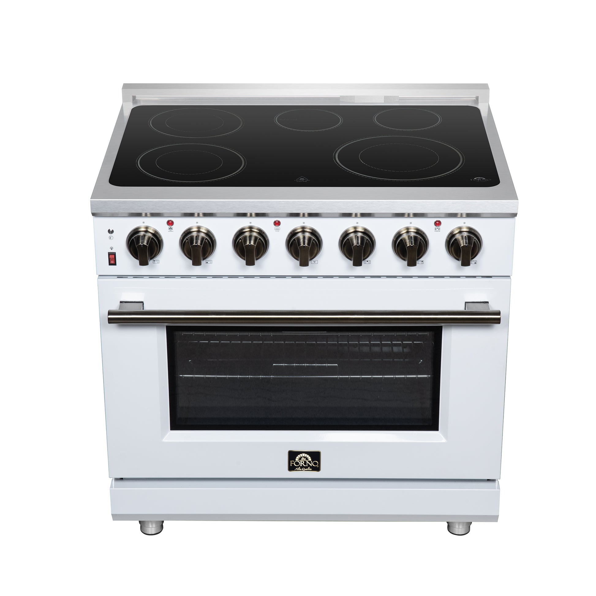 Massimo 36 Inch Freestanding Electric range, 5 radiant burners, 5.36 cf. True Convection oven, Air fryer kit, White - Forno Appliances
