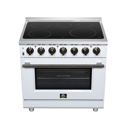 Massimo 36 Inch Freestanding Electric range, 5 radiant burners, 5.36 cf. True Convection oven, Air fryer kit, White - Forno Appliances