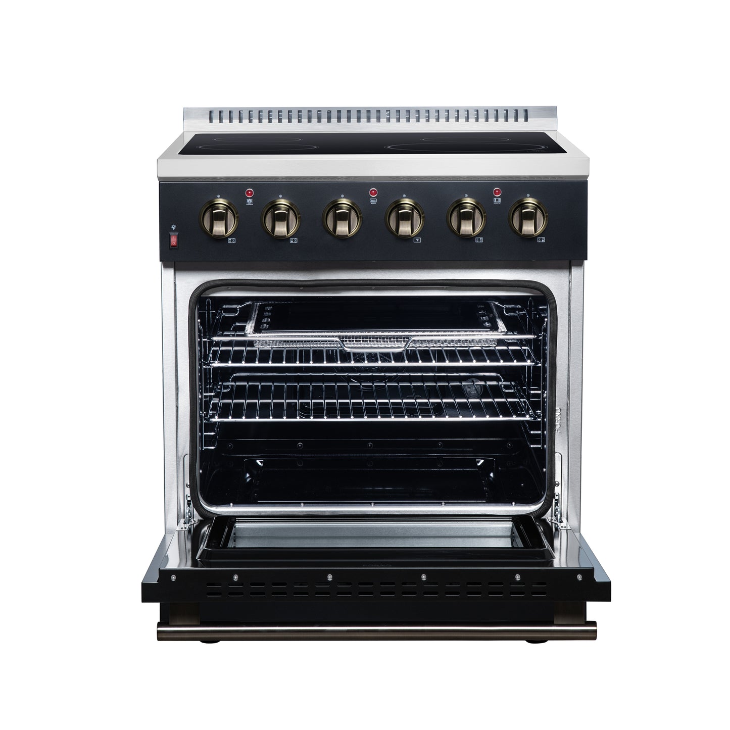 Galiano 30 Inch Freestanding Electric range, 4 radiant burners, 4.32 cf. True Convection oven, Air fryer kit, Black - Forno Appliances