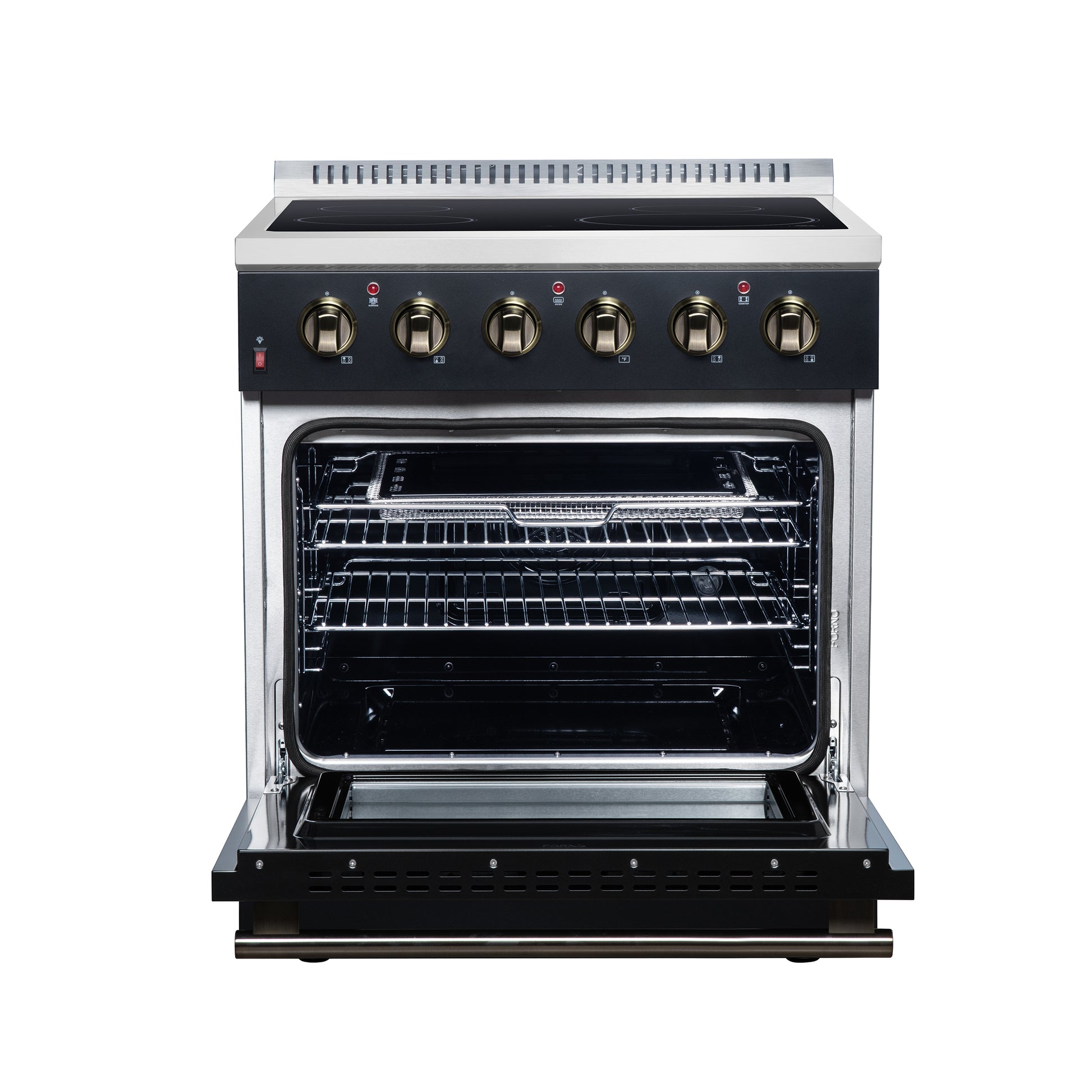 Galiano 30 Inch Freestanding Electric range, 4 radiant burners, 4.32 cf. True Convection oven, Air fryer kit, Black - Forno Appliances