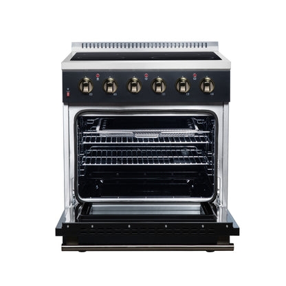 Galiano 30 Inch Freestanding Electric range, 4 radiant burners, 4.32 cf. True Convection oven, Air fryer kit, Black - Forno Appliances