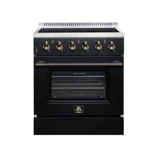 Galiano 30 Inch Freestanding Electric range, 4 radiant burners, 4.32 cf. True Convection oven, Air fryer kit, Black - Forno Appliances