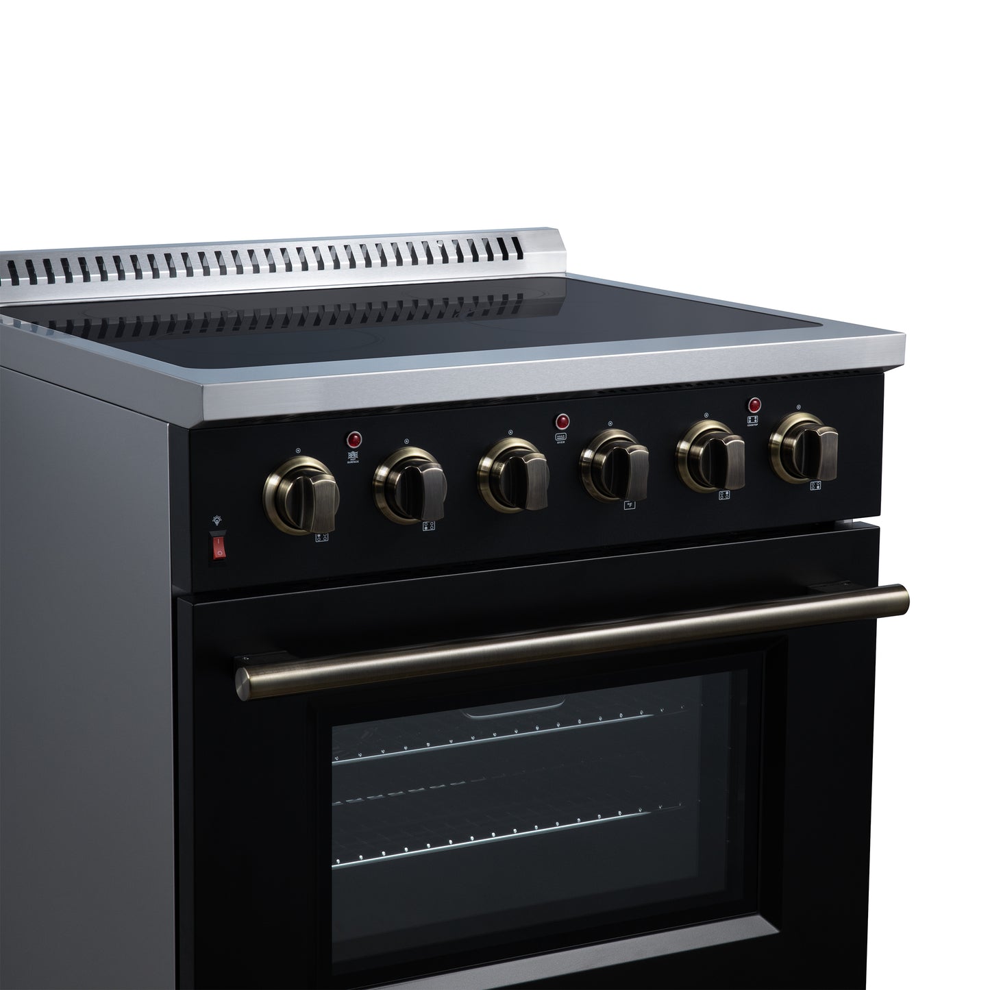 Galiano 30 Inch Freestanding Electric range, 4 radiant burners, 4.32 cf. True Convection oven, Air fryer kit, Black - Forno Appliances