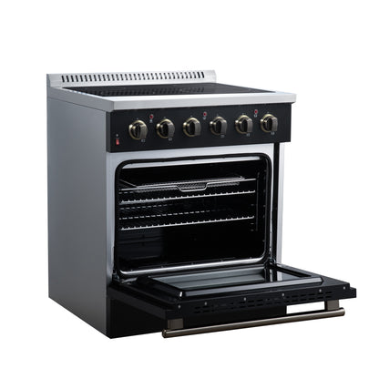 Galiano 30 Inch Freestanding Electric range, 4 radiant burners, 4.32 cf. True Convection oven, Air fryer kit, Black - Forno Appliances