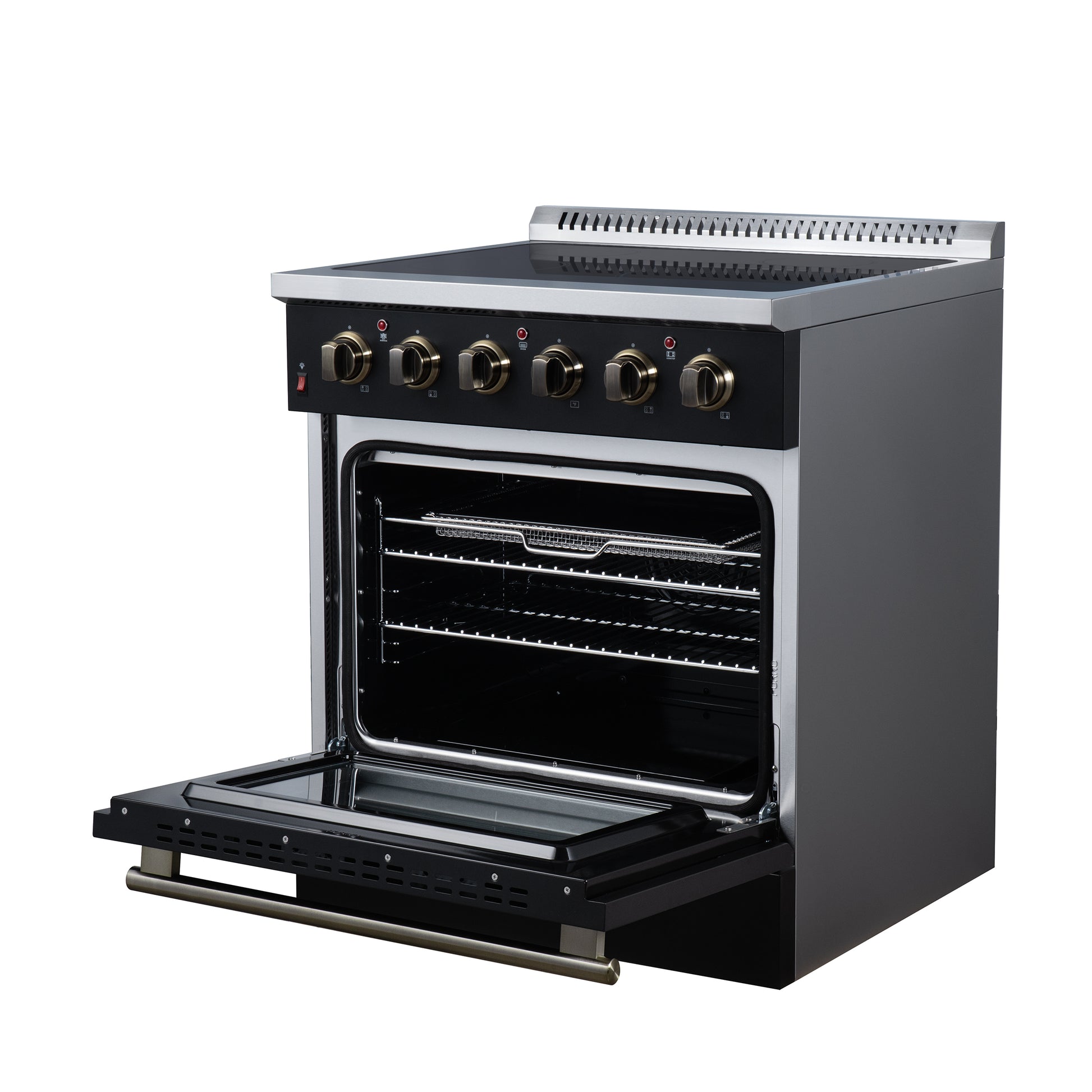 Galiano 30 Inch Freestanding Electric range, 4 radiant burners, 4.32 cf. True Convection oven, Air fryer kit, Black - Forno Appliances