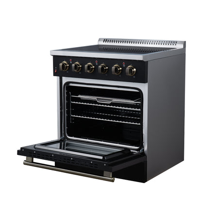 Galiano 30 Inch Freestanding Electric range, 4 radiant burners, 4.32 cf. True Convection oven, Air fryer kit, Black - Forno Appliances