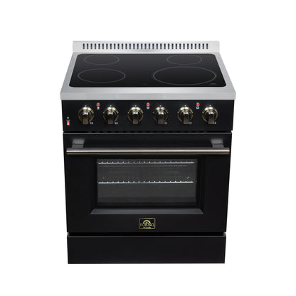 Galiano 30 Inch Freestanding Electric range, 4 radiant burners, 4.32 cf. True Convection oven, Air fryer kit, Black - Forno Appliances
