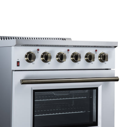 Galiano 30 Inch Freestanding Electric range, 4 radiant burners, 4.32 cf. True Convection oven, Air fryer kit, White - Forno Appliances