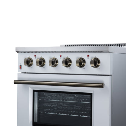 Galiano 30 Inch Freestanding Electric range, 4 radiant burners, 4.32 cf. True Convection oven, Air fryer kit, White - Forno Appliances