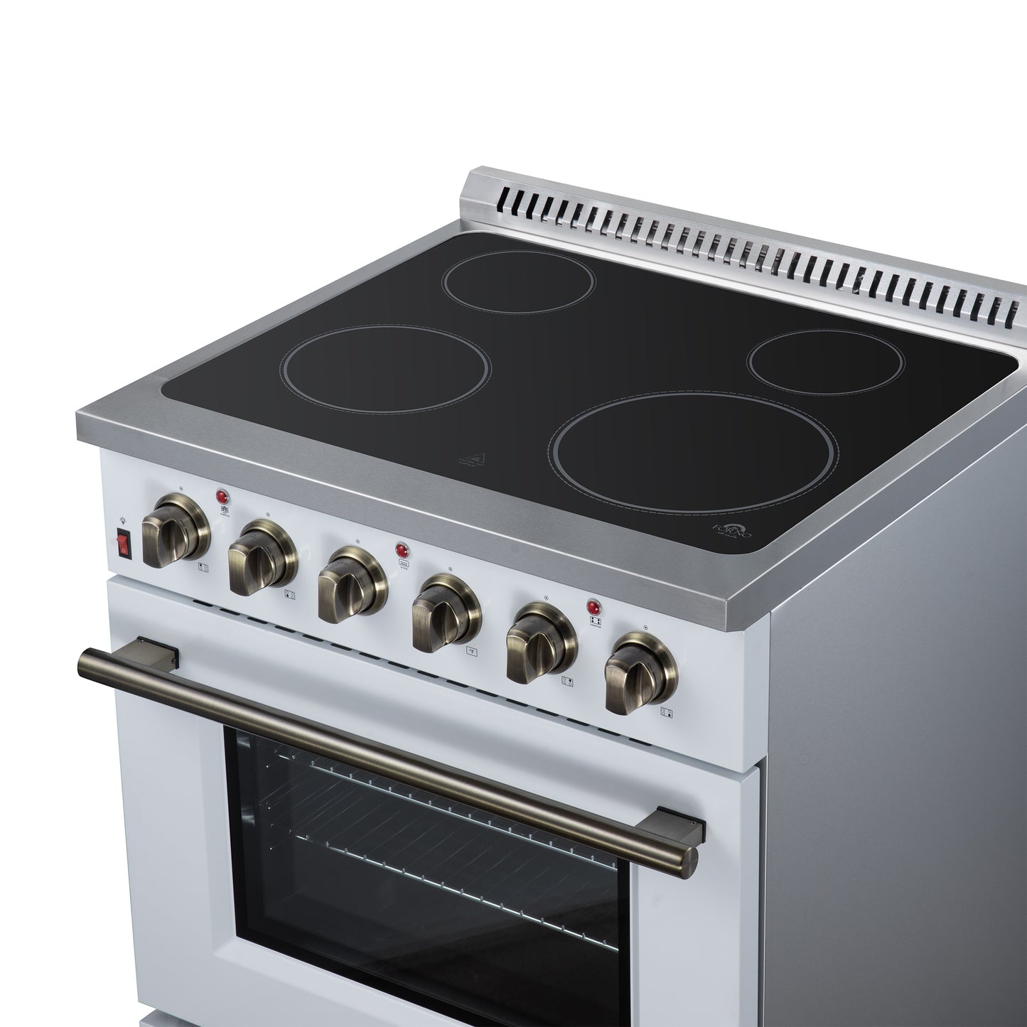 Galiano 30 Inch Freestanding Electric range, 4 radiant burners, 4.32 cf. True Convection oven, Air fryer kit, White - Forno Appliances