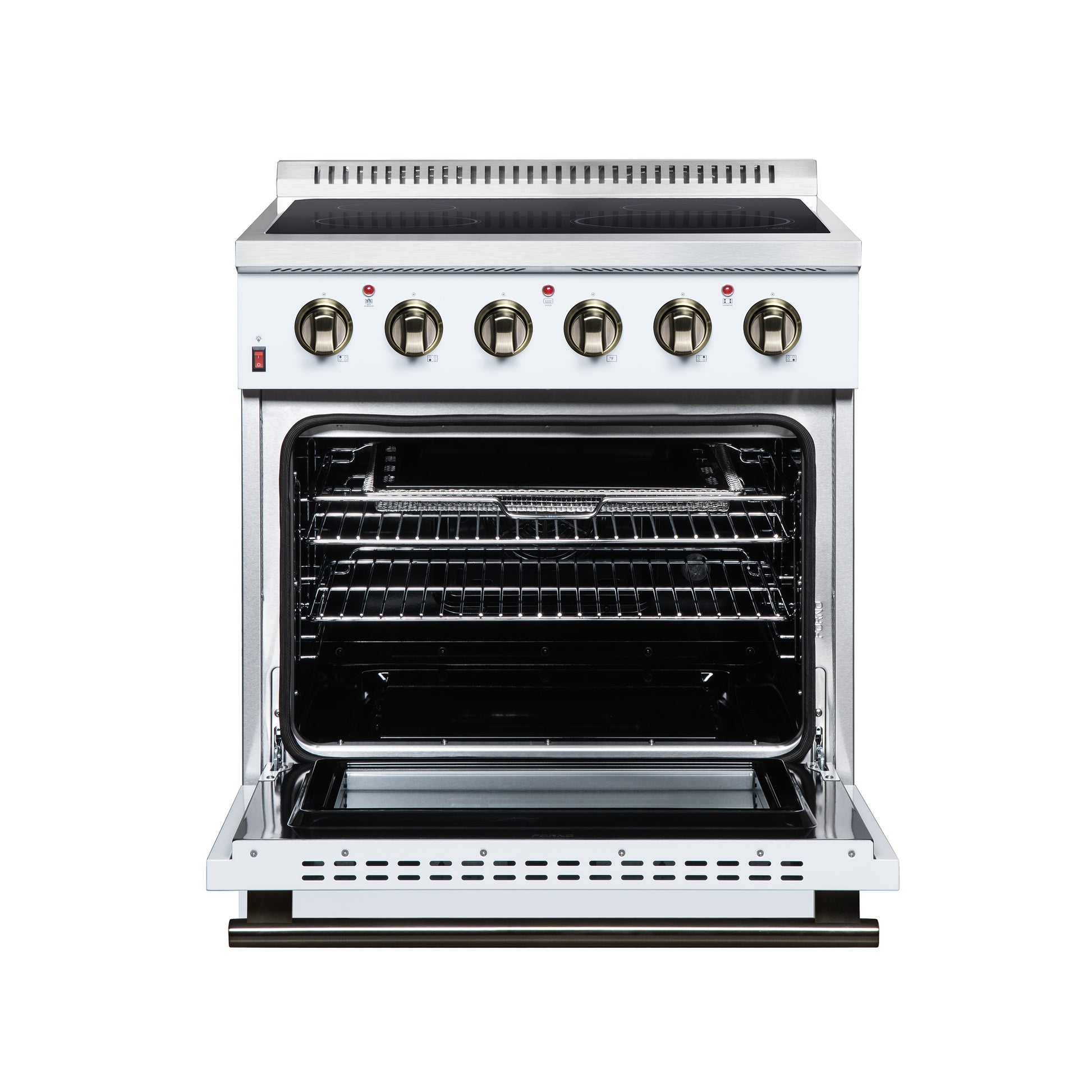 Galiano 30 Inch Freestanding Electric range, 4 radiant burners, 4.32 cf. True Convection oven, Air fryer kit, White - Forno Appliances