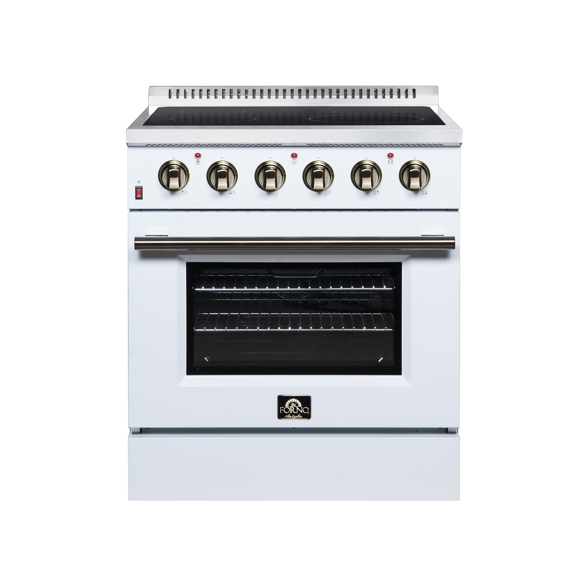 Galiano 30 Inch Freestanding Electric range, 4 radiant burners, 4.32 cf. True Convection oven, Air fryer kit, White - Forno Appliances