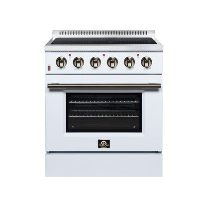 Galiano 30 Inch Freestanding Electric range, 4 radiant burners, 4.32 cf. True Convection oven, Air fryer kit, White - Forno Appliances