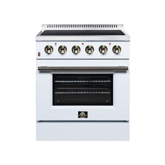 Galiano 30 Inch Freestanding Electric range, 4 radiant burners, 4.32 cf. True Convection oven, Air fryer kit, White - Forno Appliances