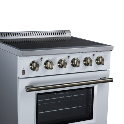 Galiano 30 Inch Freestanding Electric range, 4 radiant burners, 4.32 cf. True Convection oven, Air fryer kit, White - Forno Appliances