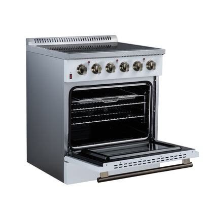 Galiano 30 Inch Freestanding Electric range, 4 radiant burners, 4.32 cf. True Convection oven, Air fryer kit, White - Forno Appliances