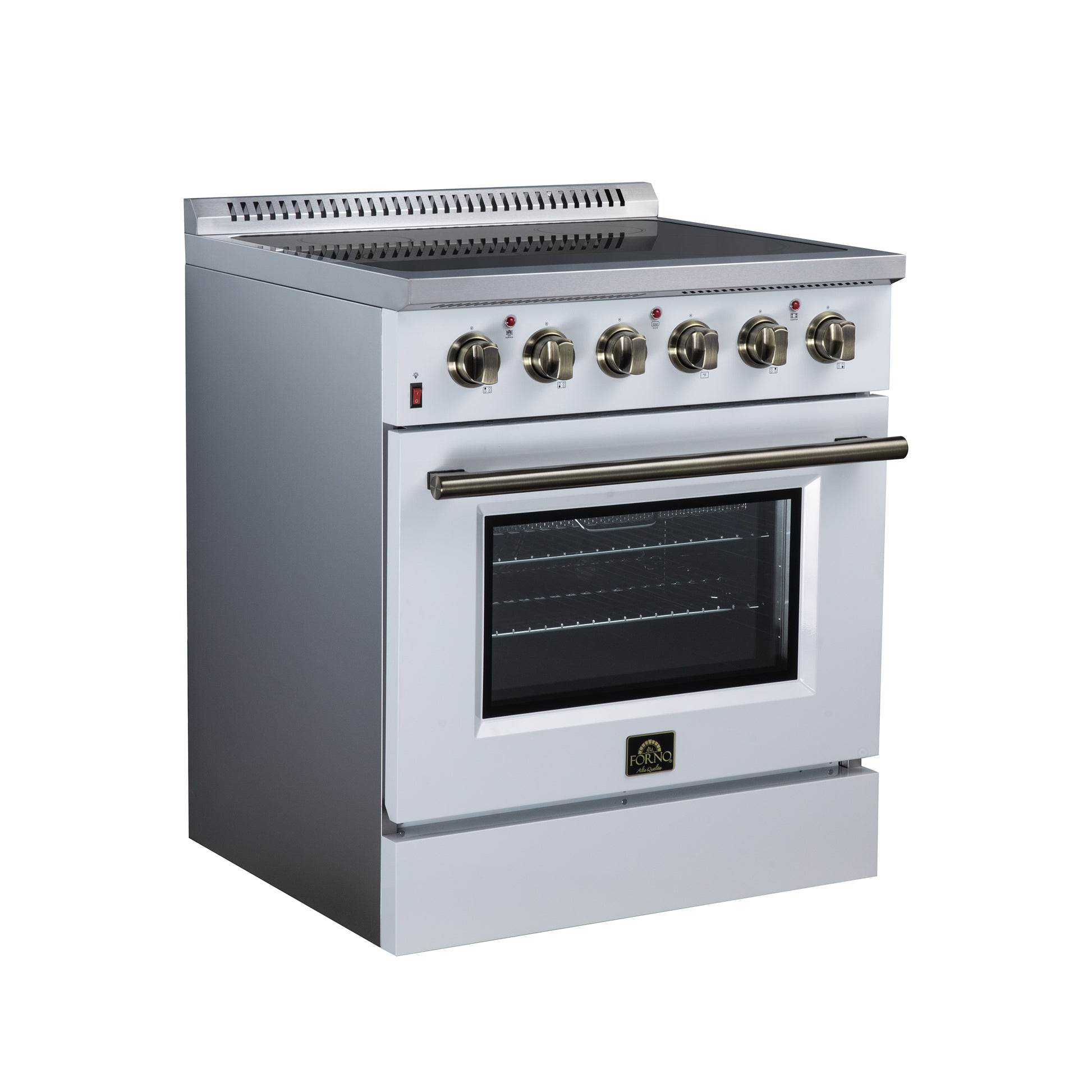 Galiano 30 Inch Freestanding Electric range, 4 radiant burners, 4.32 cf. True Convection oven, Air fryer kit, White - Forno Appliances