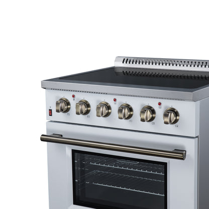 Galiano 30 Inch Freestanding Electric range, 4 radiant burners, 4.32 cf. True Convection oven, Air fryer kit, White - Forno Appliances