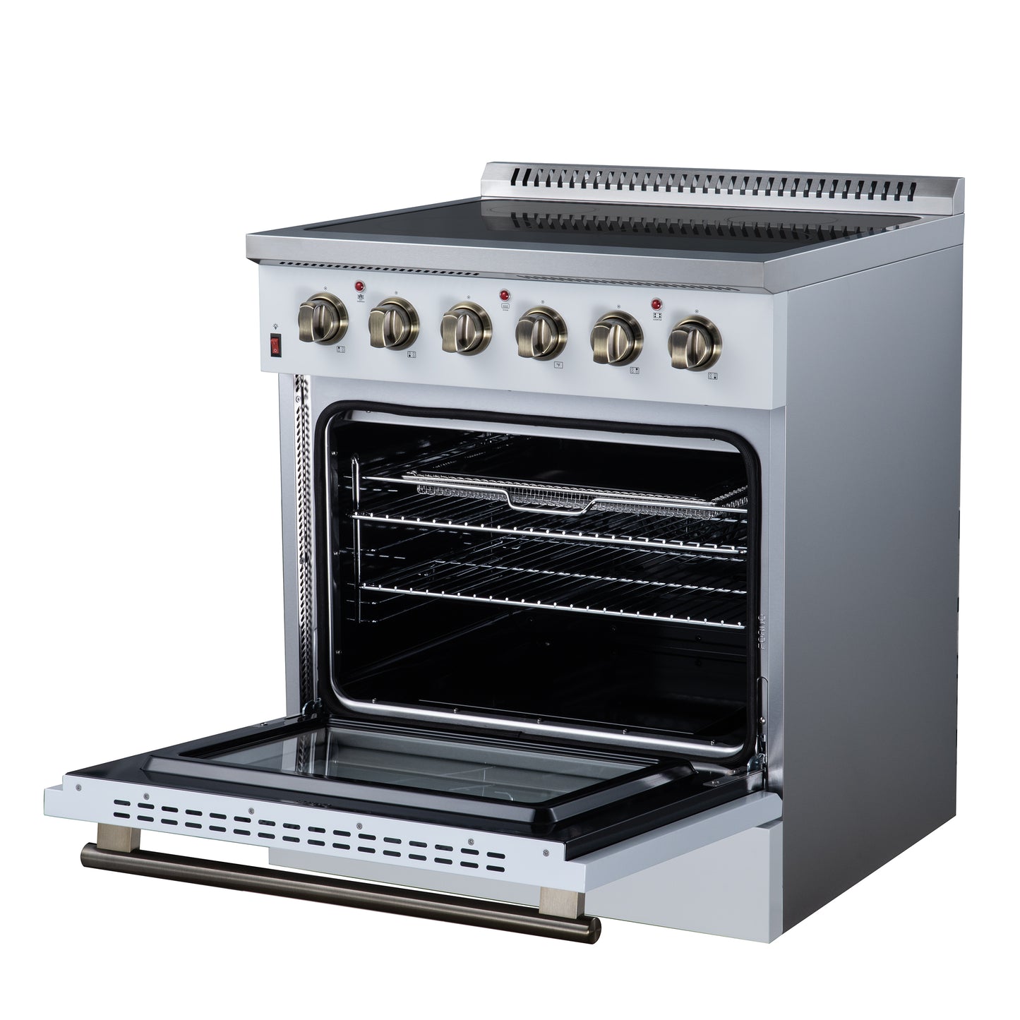 Galiano 30 Inch Freestanding Electric range, 4 radiant burners, 4.32 cf. True Convection oven, Air fryer kit, White - Forno Appliances