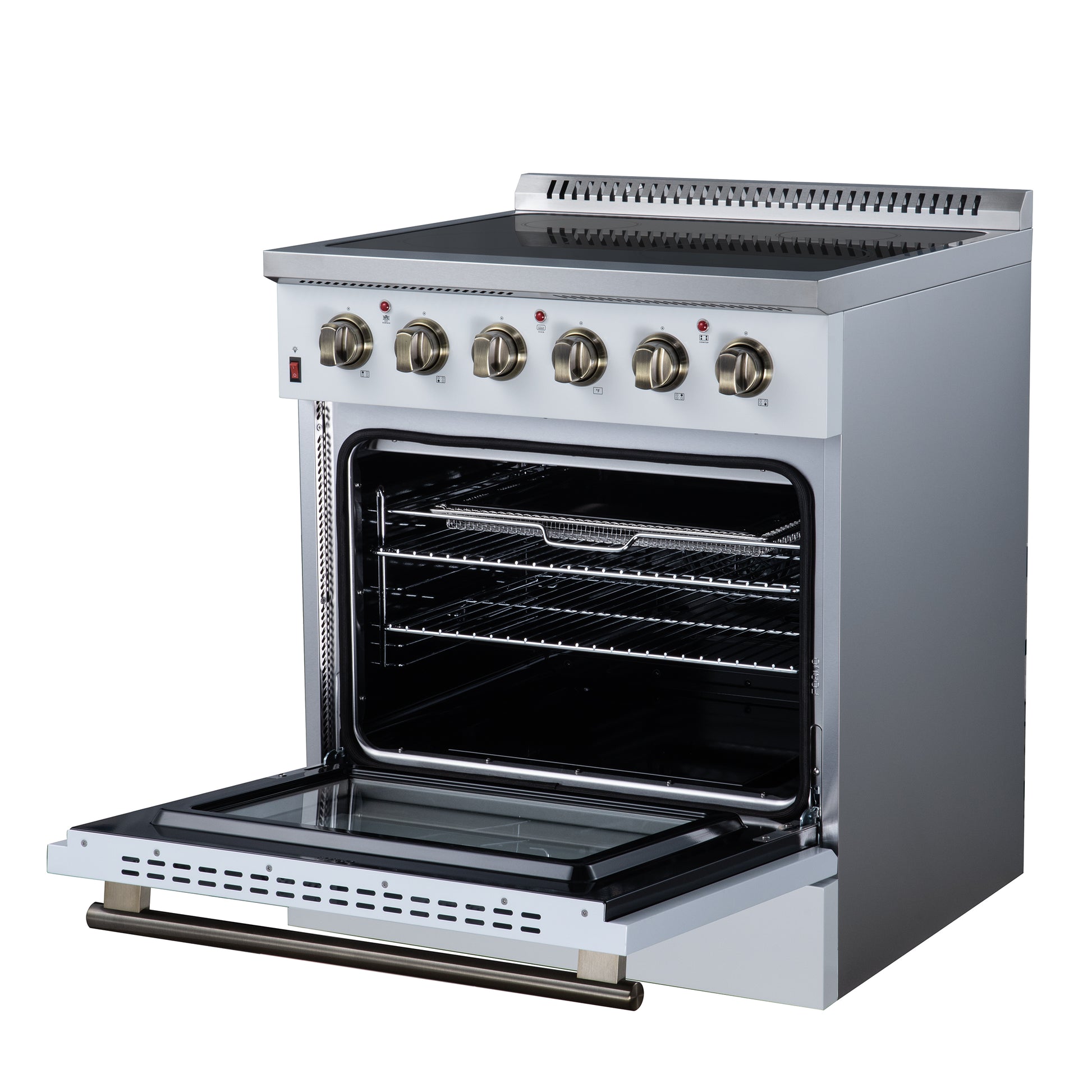 Galiano 30 Inch Freestanding Electric range, 4 radiant burners, 4.32 cf. True Convection oven, Air fryer kit, White - Forno Appliances