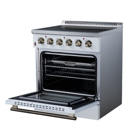 Galiano 30 Inch Freestanding Electric range, 4 radiant burners, 4.32 cf. True Convection oven, Air fryer kit, White - Forno Appliances