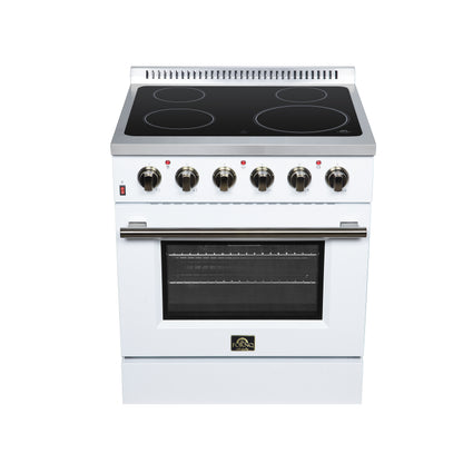 Galiano 30 Inch Freestanding Electric range, 4 radiant burners, 4.32 cf. True Convection oven, Air fryer kit, White - Forno Appliances