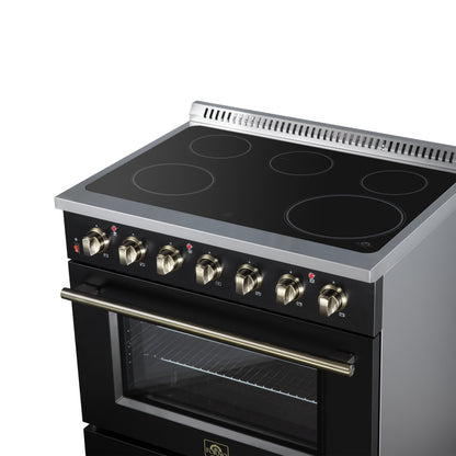 Galiano 36 Inch Freestanding Electric range, 5 radiant burners, 5.36 cf. True Convection oven, Air fryer kit, Black - Forno Appliances