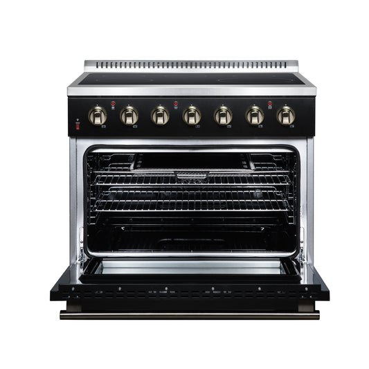 Galiano 36 Inch Freestanding Electric range, 5 radiant burners, 5.36 cf. True Convection oven, Air fryer kit, Black - Forno Appliances