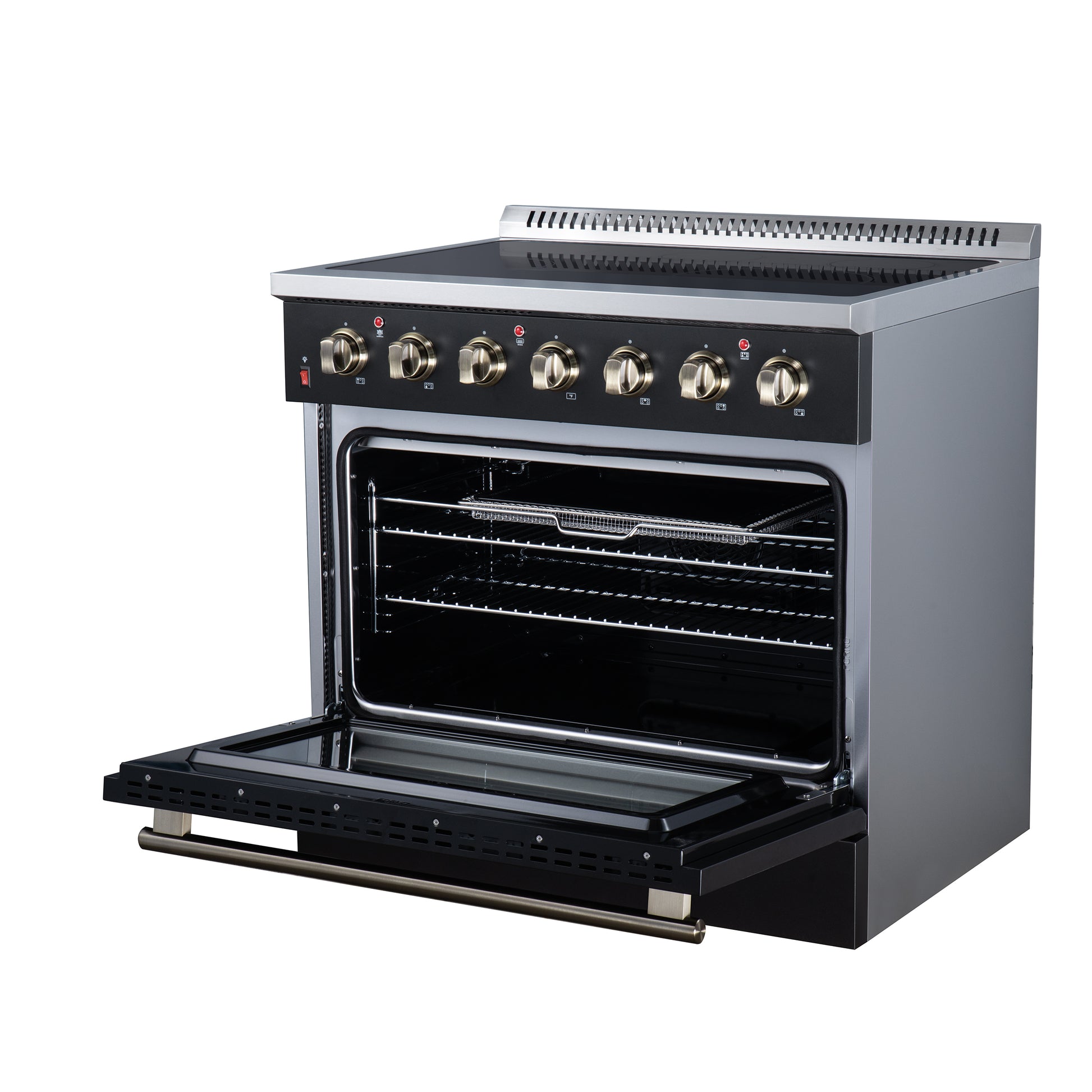 Galiano 36 Inch Freestanding Electric range, 5 radiant burners, 5.36 cf. True Convection oven, Air fryer kit, Black - Forno Appliances