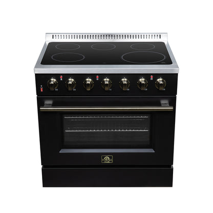 Galiano 36 Inch Freestanding Electric range, 5 radiant burners, 5.36 cf. True Convection oven, Air fryer kit, Black - Forno Appliances