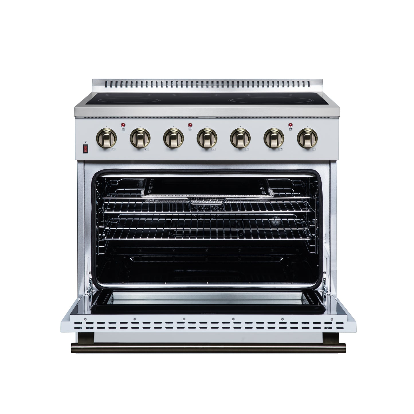 Galiano 36 Inch Freestanding Electric range, 5 radiant burners, 5.36 cf. True Convection oven, Air fryer kit, White - Forno Appliances