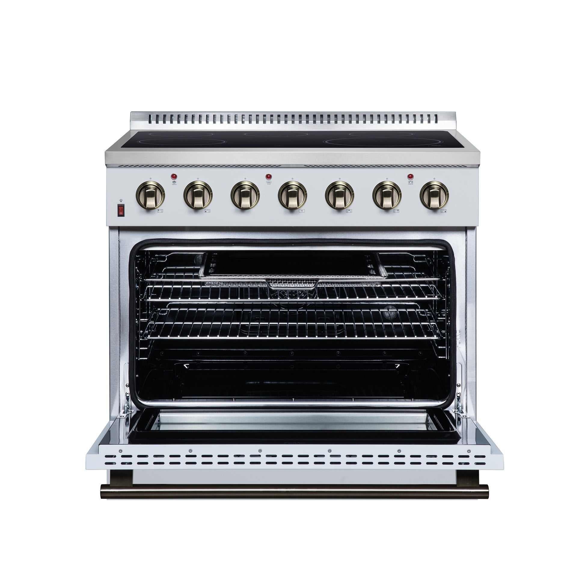 Galiano 36 Inch Freestanding Electric range, 5 radiant burners, 5.36 cf. True Convection oven, Air fryer kit, White - Forno Appliances