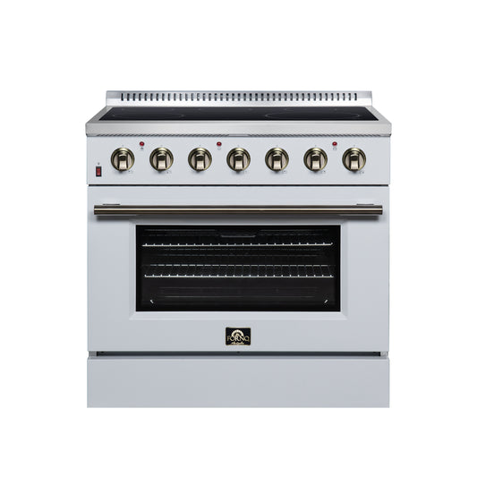 Galiano 36 Inch Freestanding Electric range, 5 radiant burners, 5.36 cf. True Convection oven, Air fryer kit, White - Forno Appliances