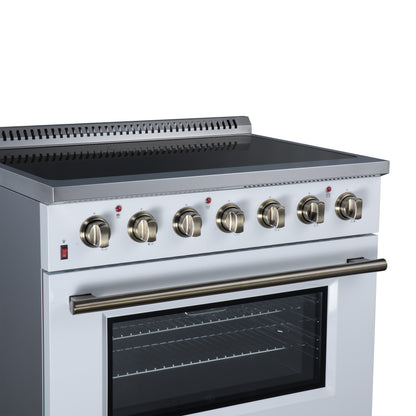 Galiano 36 Inch Freestanding Electric range, 5 radiant burners, 5.36 cf. True Convection oven, Air fryer kit, White - Forno Appliances
