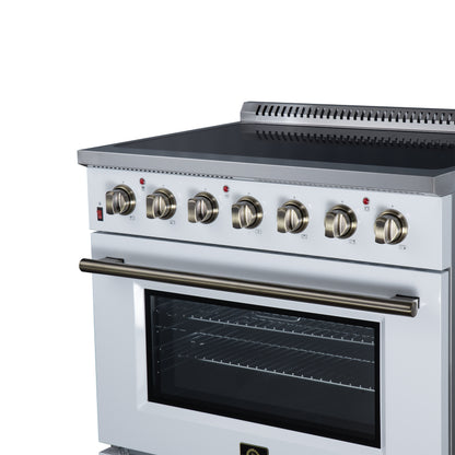 Galiano 36 Inch Freestanding Electric range, 5 radiant burners, 5.36 cf. True Convection oven, Air fryer kit, White - Forno Appliances