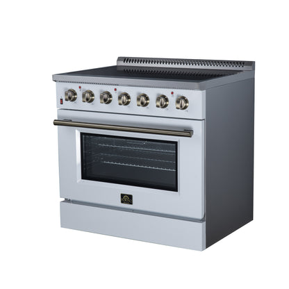 Galiano 36 Inch Freestanding Electric range, 5 radiant burners, 5.36 cf. True Convection oven, Air fryer kit, White - Forno Appliances