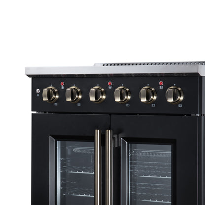 Galiano 30 Inch French Door Electric range, 4 radiant burners, 4.32 cf. True Convection oven, Air fryer kit, Black - Forno Appliances