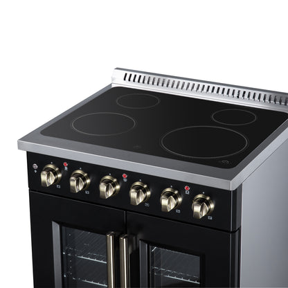 Galiano 30 Inch French Door Electric range, 4 radiant burners, 4.32 cf. True Convection oven, Air fryer kit, Black - Forno Appliances