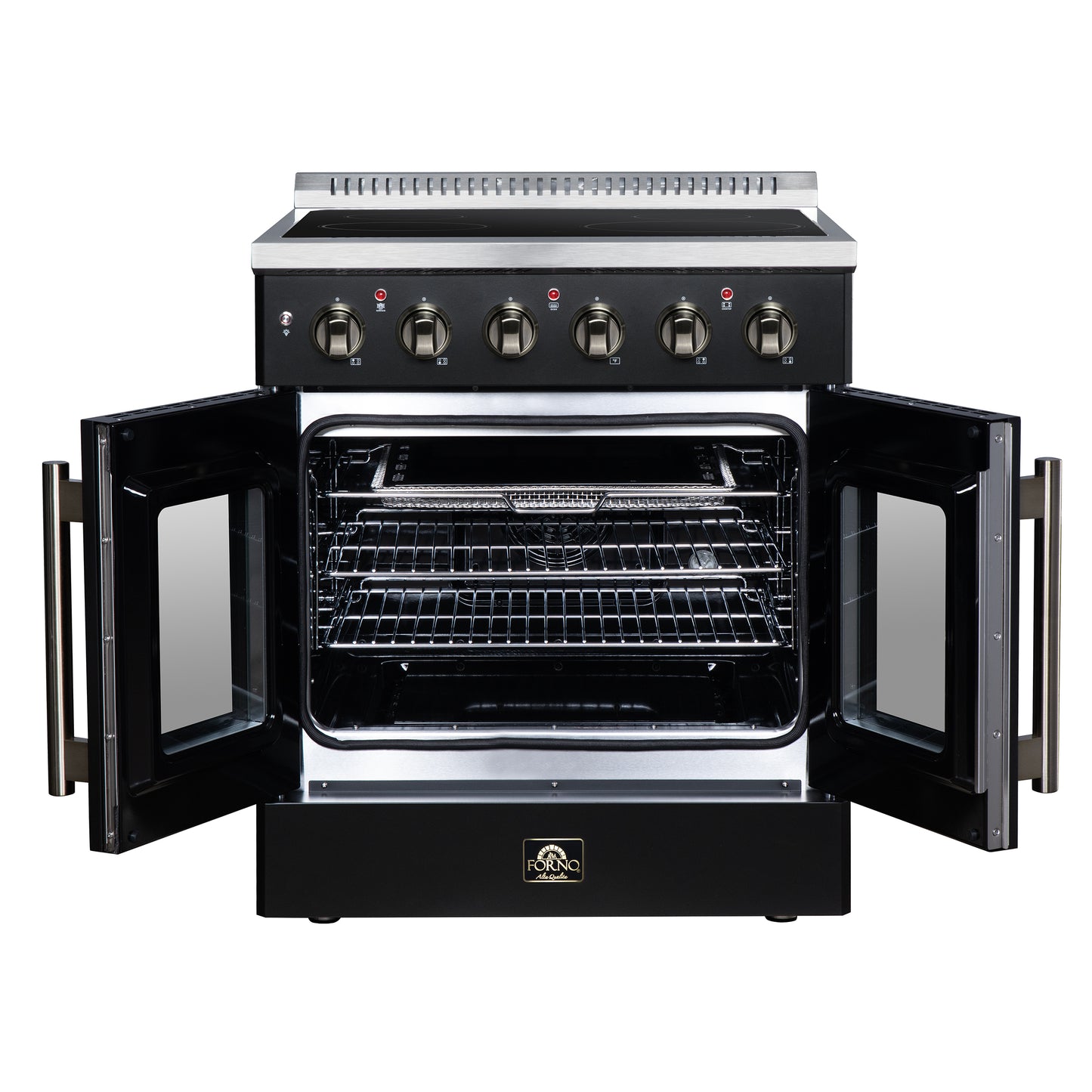 Galiano 30 Inch French Door Electric range, 4 radiant burners, 4.32 cf. True Convection oven, Air fryer kit, Black - Forno Appliances