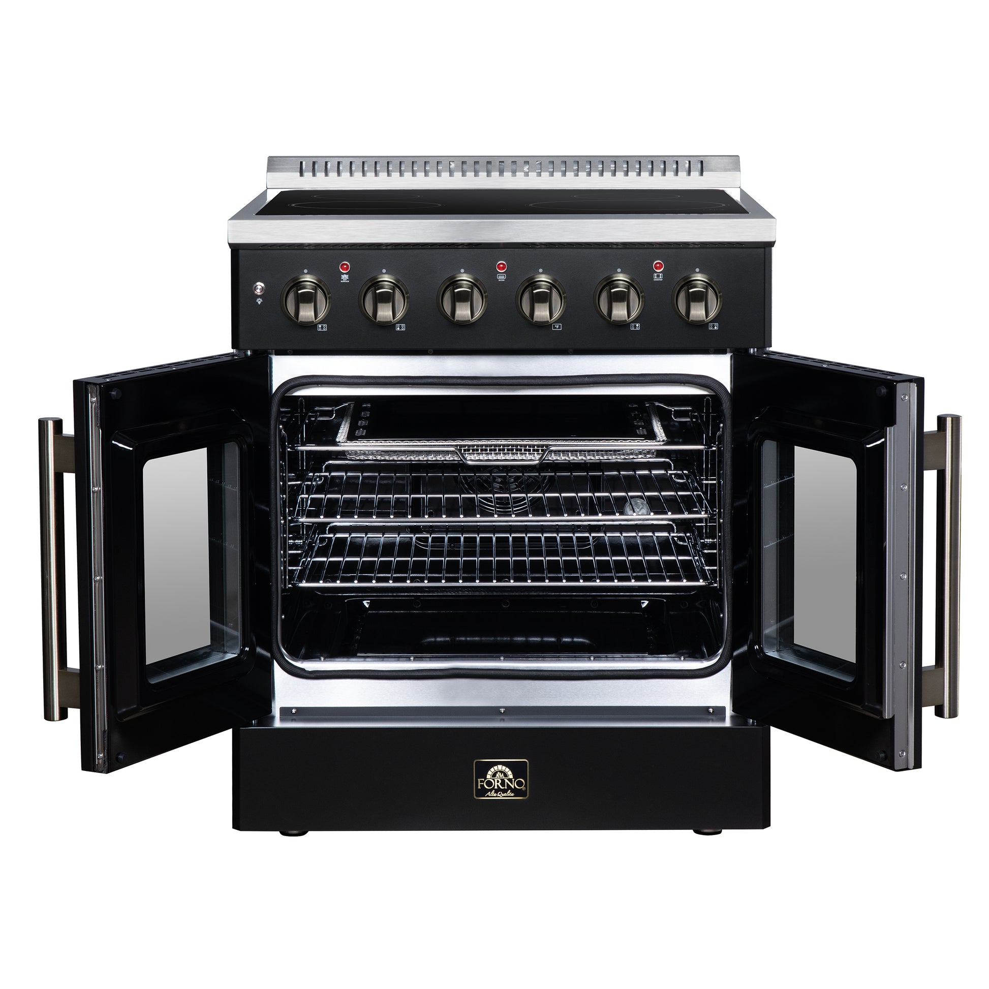 Galiano 30 Inch French Door Electric range, 4 radiant burners, 4.32 cf. True Convection oven, Air fryer kit, Black - Forno Appliances