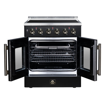 Galiano 30 Inch French Door Electric range, 4 radiant burners, 4.32 cf. True Convection oven, Air fryer kit, Black - Forno Appliances