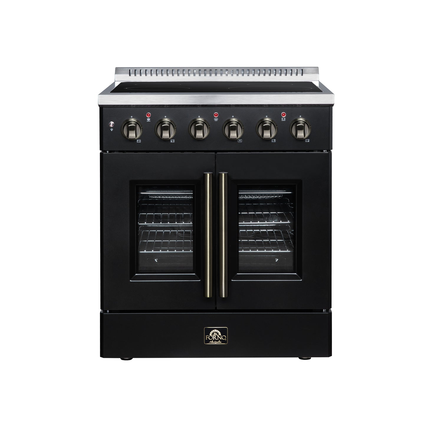 Galiano 30 Inch French Door Electric range, 4 radiant burners, 4.32 cf. True Convection oven, Air fryer kit, Black - Forno Appliances