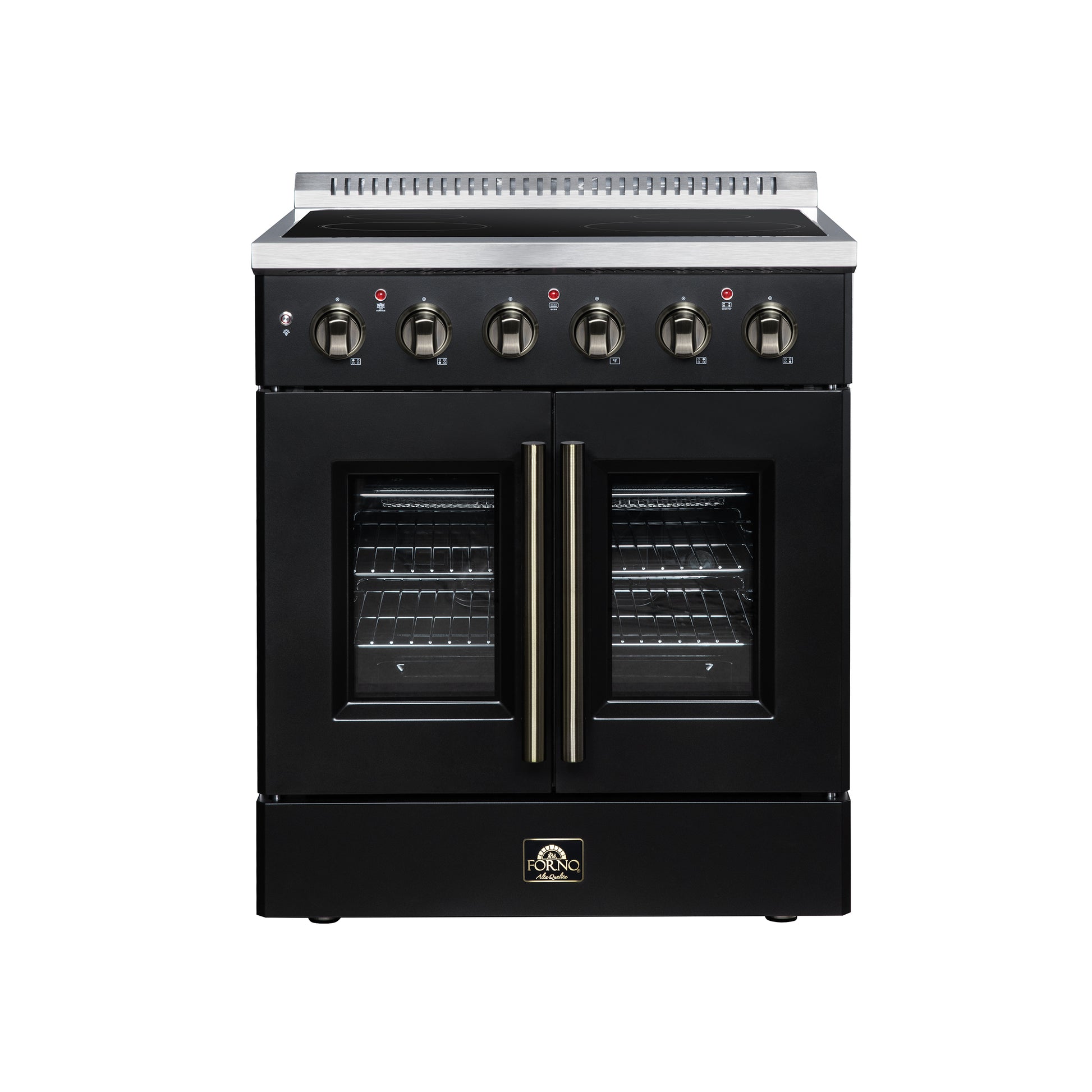 Galiano 30 Inch French Door Electric range, 4 radiant burners, 4.32 cf. True Convection oven, Air fryer kit, Black - Forno Appliances
