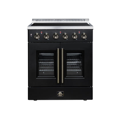 Galiano 30 Inch French Door Electric range, 4 radiant burners, 4.32 cf. True Convection oven, Air fryer kit, Black - Forno Appliances
