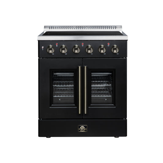 Galiano 30 Inch French Door Electric range, 4 radiant burners, 4.32 cf. True Convection oven, Air fryer kit, Black - Forno Appliances