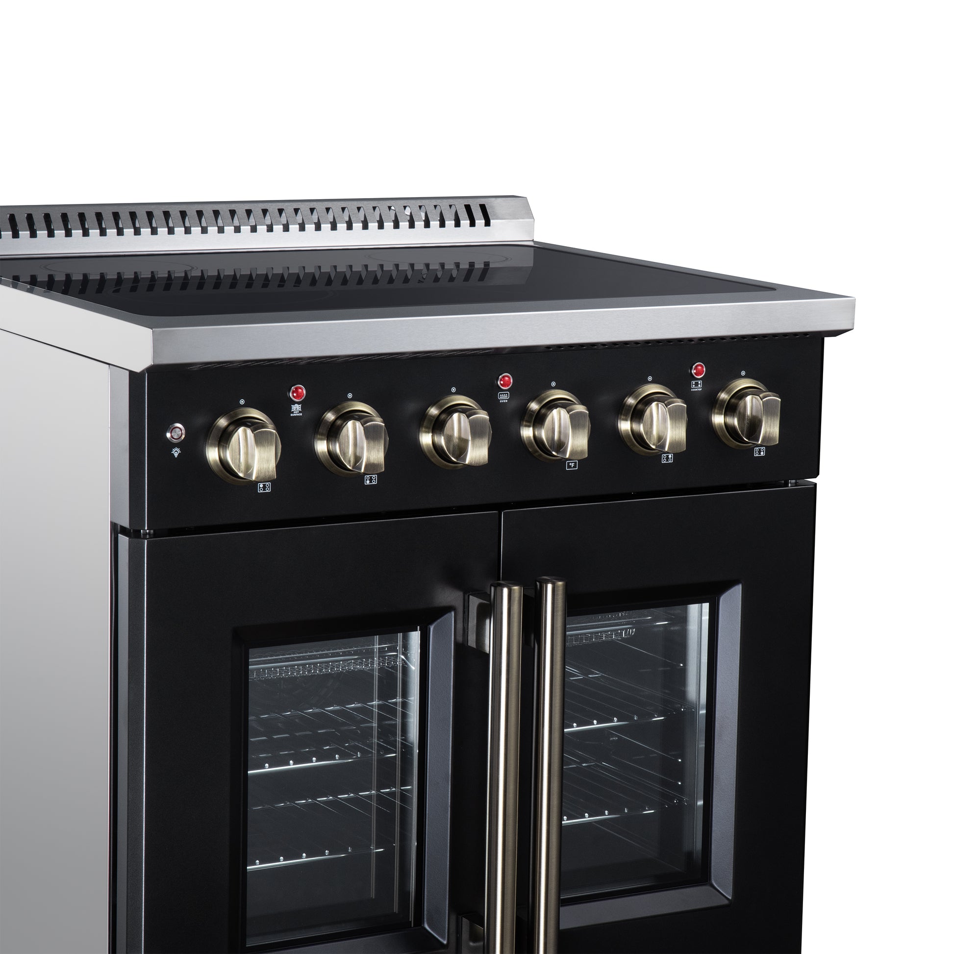 Galiano 30 Inch French Door Electric range, 4 radiant burners, 4.32 cf. True Convection oven, Air fryer kit, Black - Forno Appliances