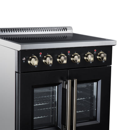 Galiano 30 Inch French Door Electric range, 4 radiant burners, 4.32 cf. True Convection oven, Air fryer kit, Black - Forno Appliances