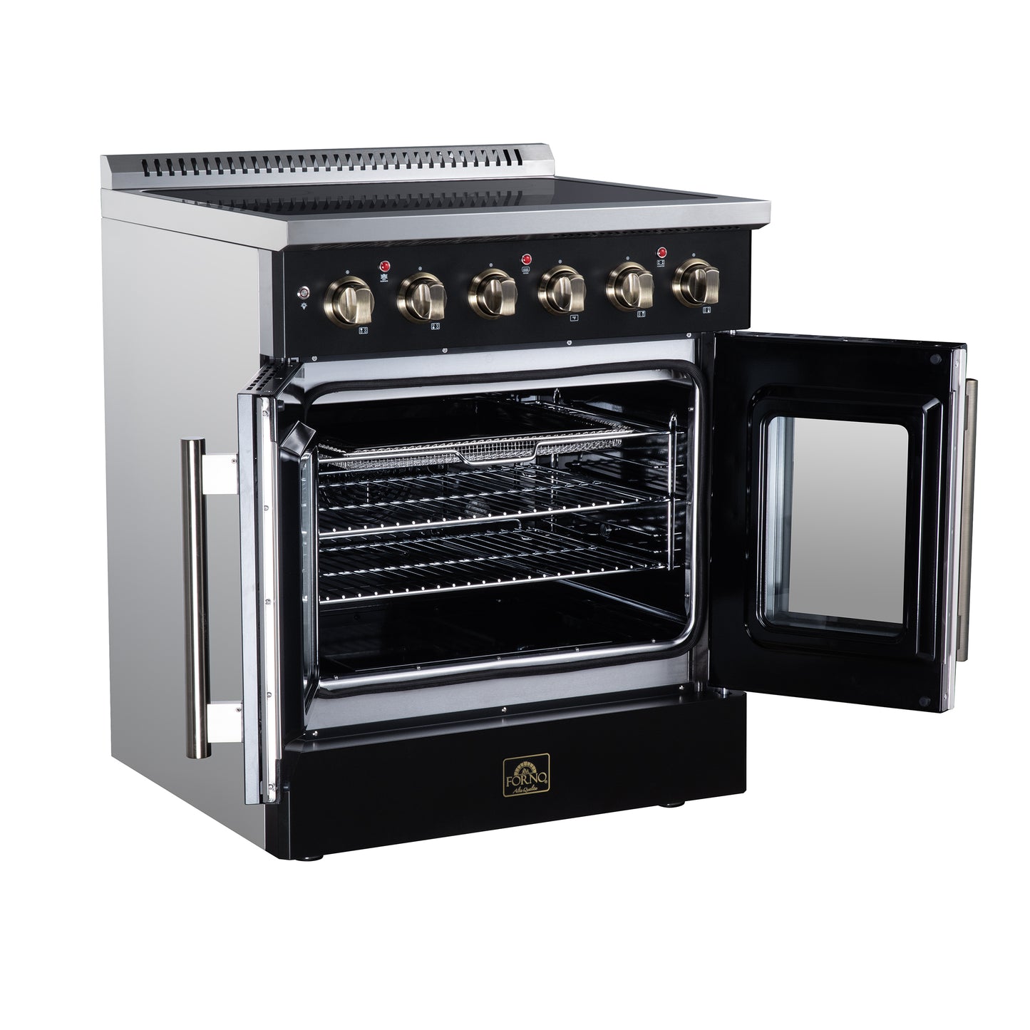Galiano 30 Inch French Door Electric range, 4 radiant burners, 4.32 cf. True Convection oven, Air fryer kit, Black - Forno Appliances